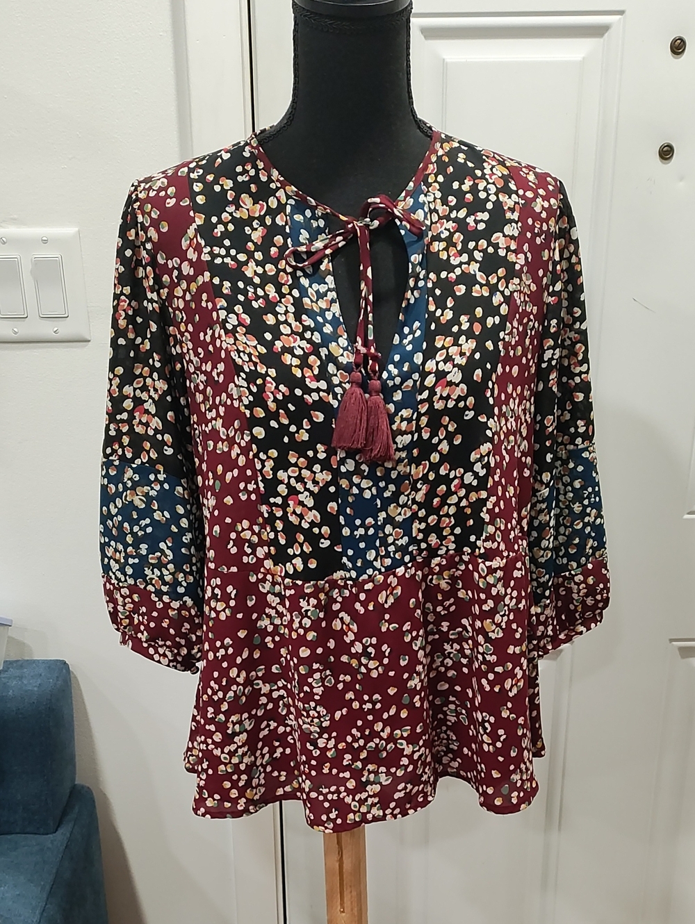 Womens Maroon Mixed-Print Tie-Neck Blouse with Tassel